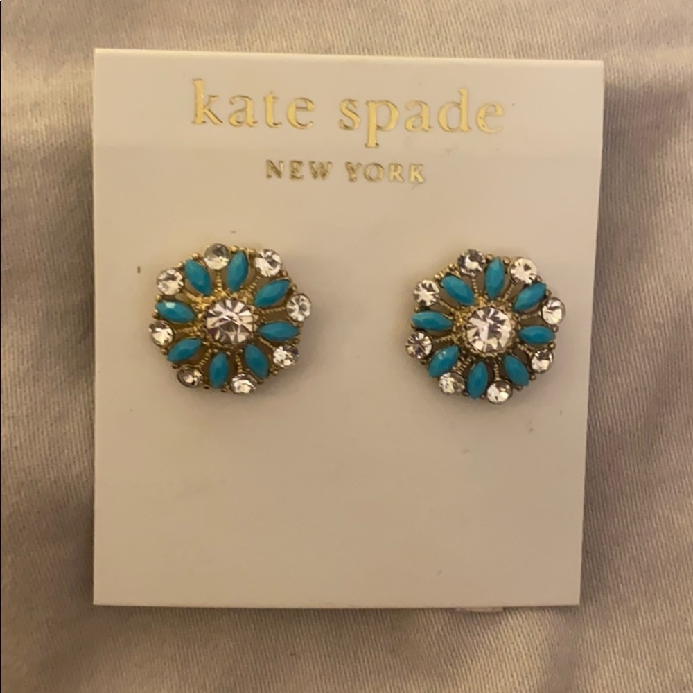 Kate Spade Turquoise Blue Crystal Floral Stud Earrings Gold Tone